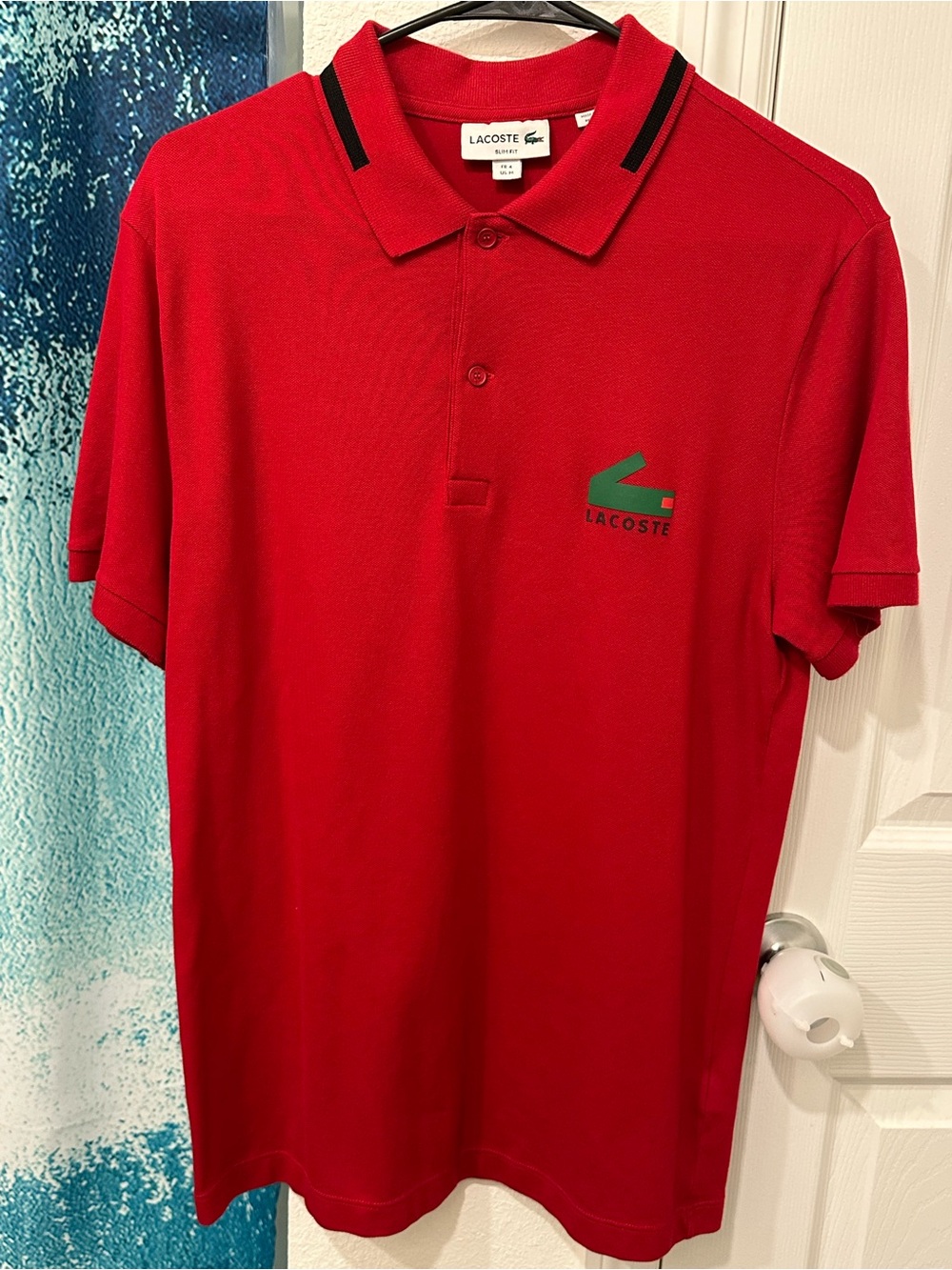 #11 Lacoste Red Polo with Green Croc Logo and Black Collar Trim
